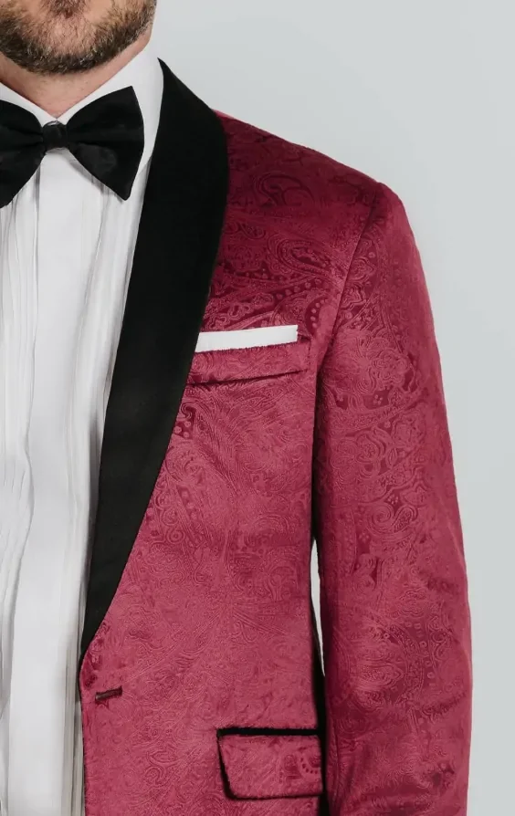 Burgundy Paisley Velvet Tuxedo with Black Trousers thumbnail 6