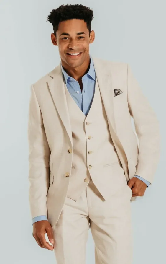 Cream Linen Slim Fit 3 Piece Suit thumbnail 2