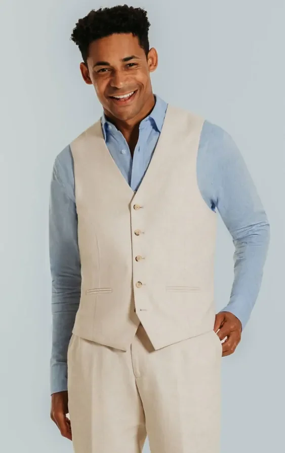 Cream Linen Slim Fit Waistcoat thumbnail 2