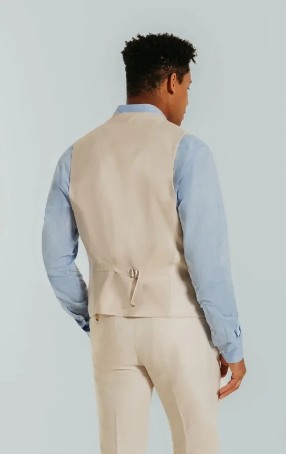 Cream Linen Slim Fit Waistcoat thumbnail 4