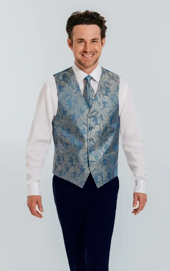 Duck Egg Blue Paisley Waistcoat thumbnail 2