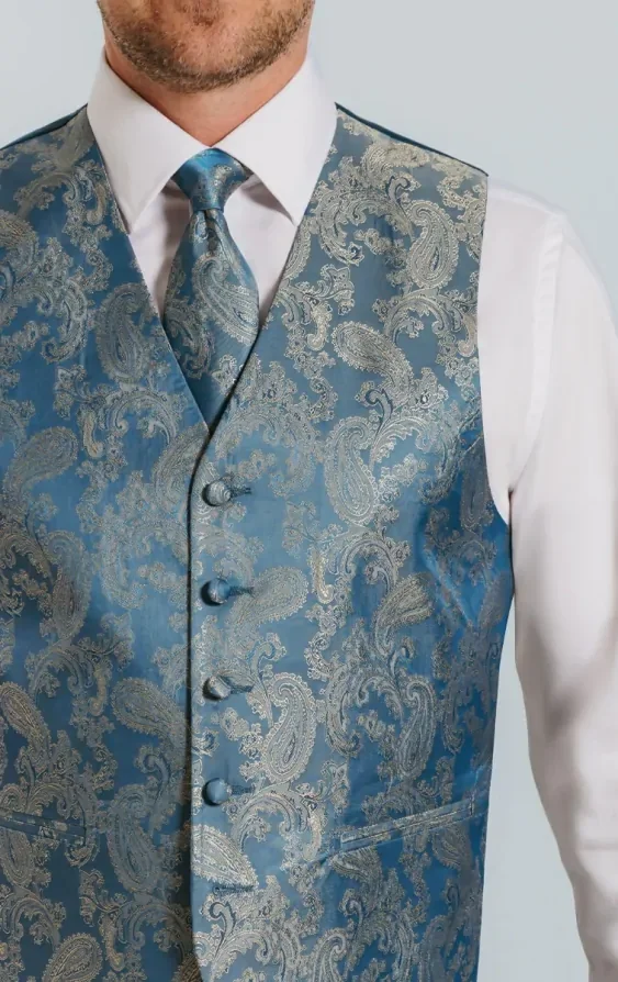 Duck Egg Blue Paisley Waistcoat thumbnail 4