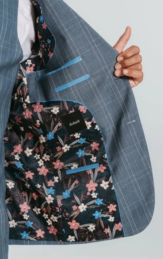 Light Blue Check Suit Jacket with Peak Lapel thumbnail 6