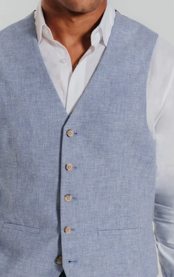 Light Blue Linen Waistcoat thumbnail 3