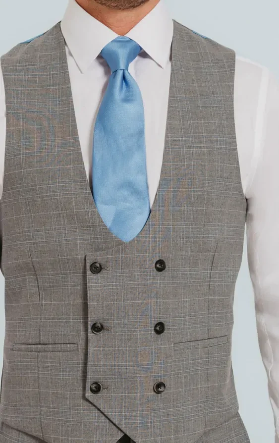 Light Grey Check Double Breasted Waistcoat thumbnail 3
