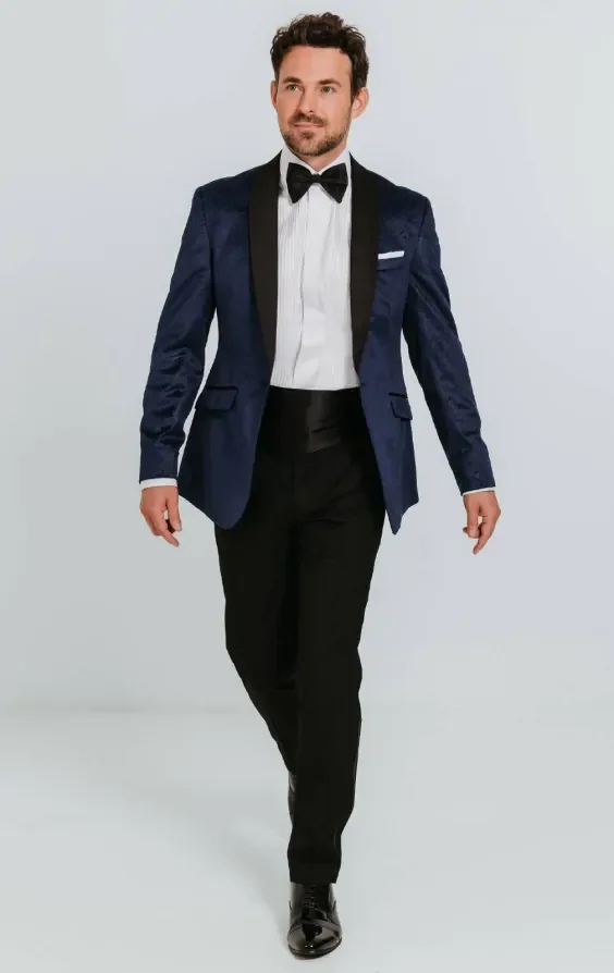 Navy Paisley Velvet Tuxedo with Black Trousers thumbnail 3