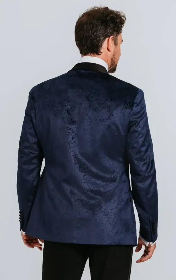 Navy Paisley Velvet Tuxedo with Black Trousers thumbnail 4