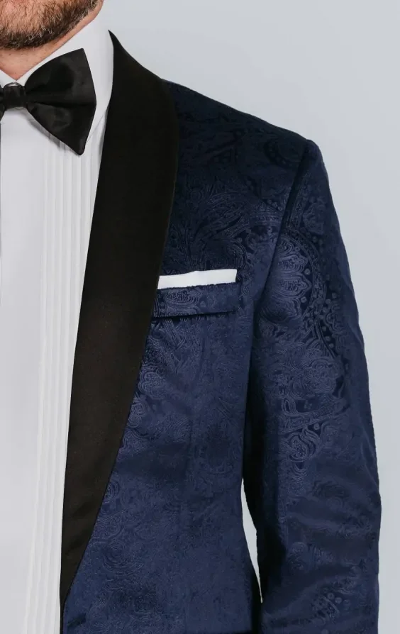 Navy Paisley Velvet Tuxedo with Black Trousers thumbnail 6