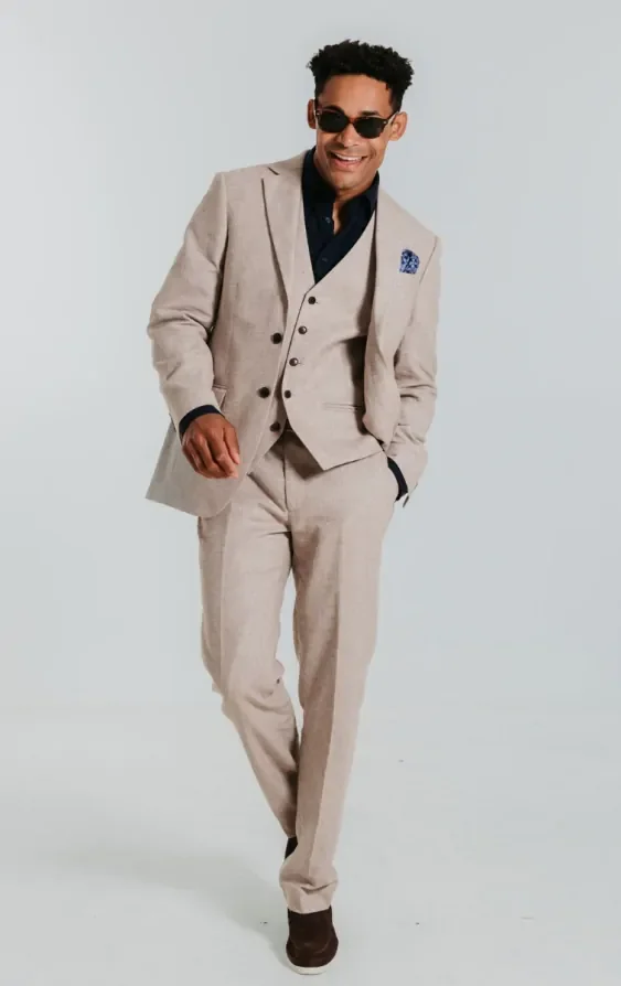 Sand Linen Slim Fit 3 Piece Suit thumbnail 3