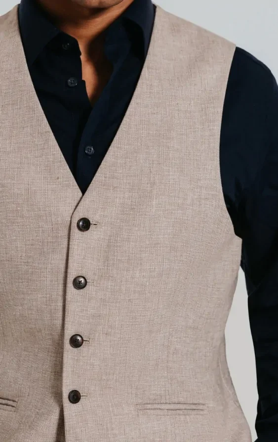 Sand Linen Slim Fit Waistcoat thumbnail 3