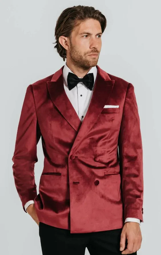 Double Breasted Burgundy Velvet Tuxedo with Black Trousers thumbnail 2
