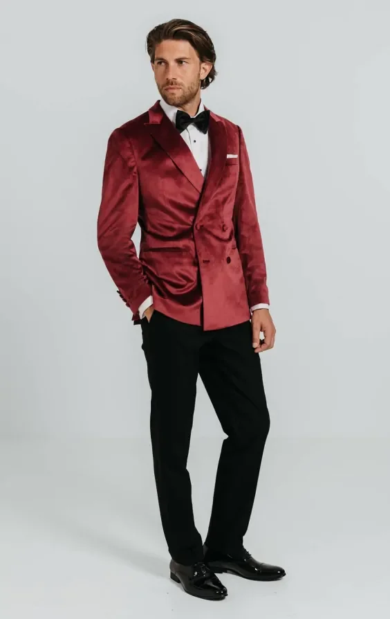 Double Breasted Burgundy Velvet Tuxedo with Black Trousers thumbnail 3
