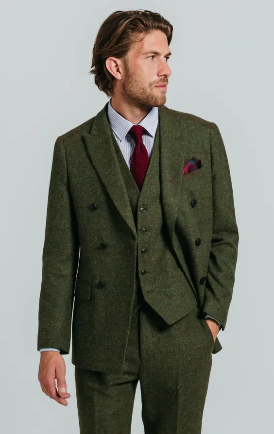 Double Breasted Green Windowpane Check Tweed 3 Piece Suit thumbnail 2
