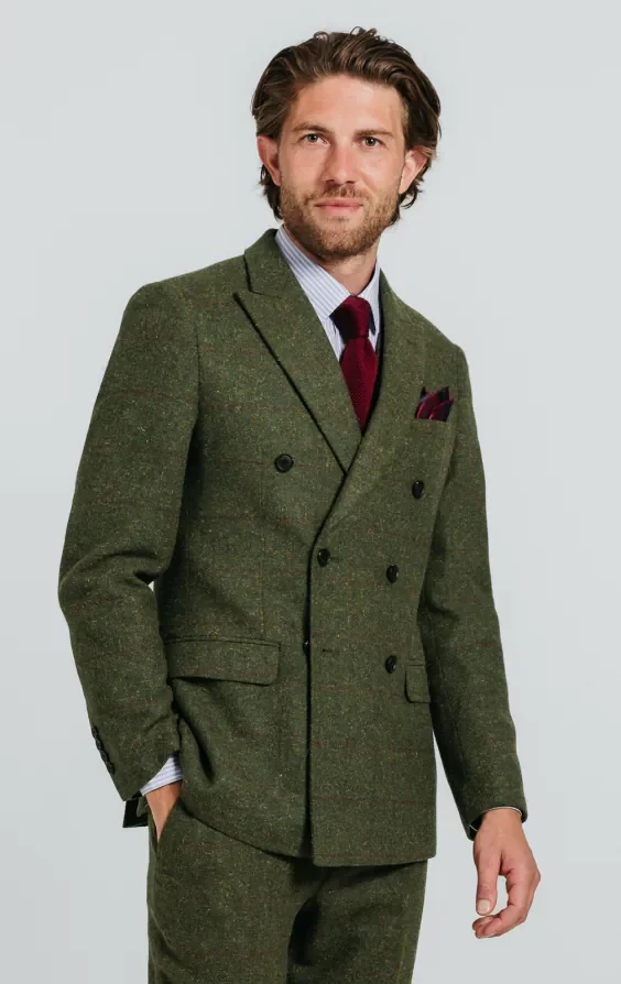 Double Breasted Green Windowpane Check Tweed Jacket thumbnail 2