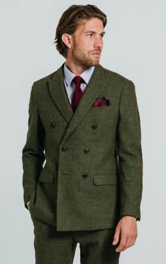 Double Breasted Green Windowpane Check Tweed Suit thumbnail 2