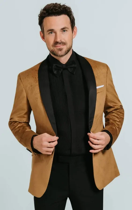 Gold Paisley Velvet Tuxedo with Black Trousers thumbnail 2