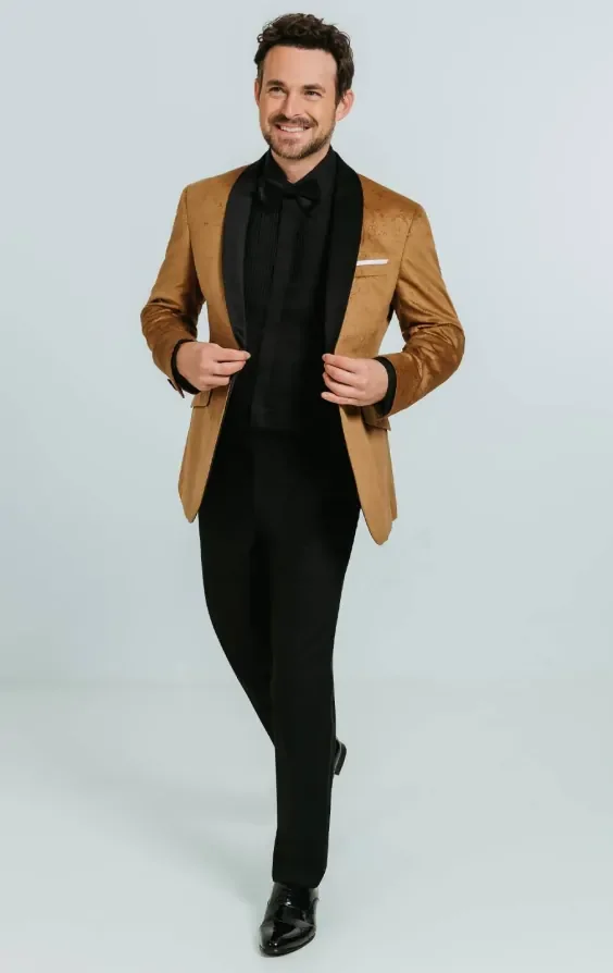 Gold Paisley Velvet Tuxedo with Black Trousers thumbnail 3