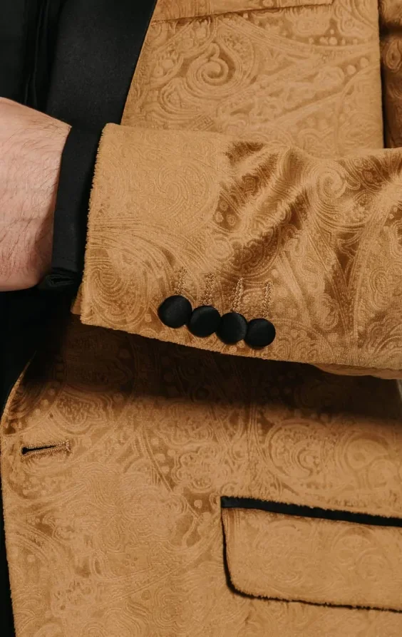 Gold Paisley Velvet Tuxedo with Black Trousers thumbnail 5