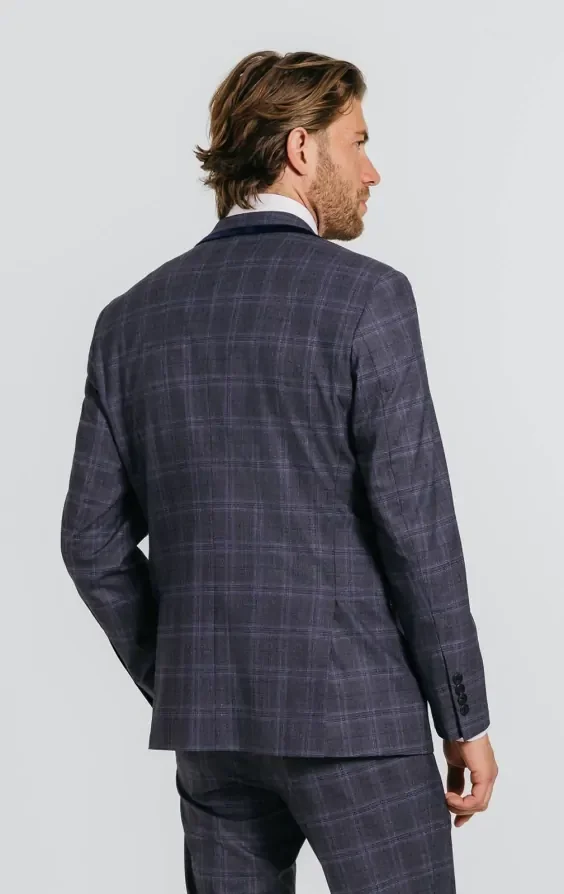 Grey and Blue Check with Navy Trim Suit Jacket thumbnail 3