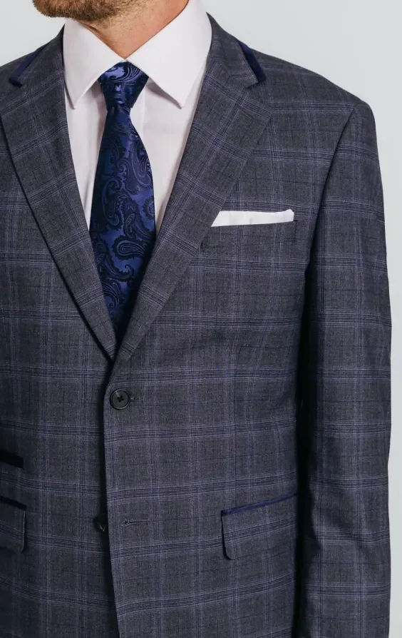 Grey and Blue Check with Navy Trim Suit Jacket thumbnail 5
