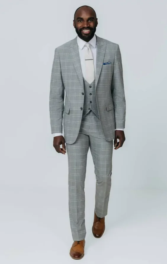 Grey with Tan Check 3 Piece Suit with Peak Lapel thumbnail 3