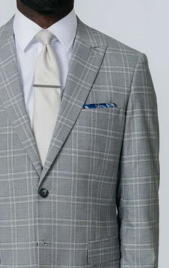 Grey with Tan Check 3 Piece Suit with Peak Lapel thumbnail 5