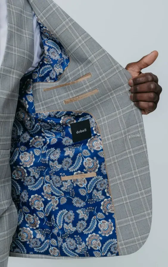 Grey with Tan Check 3 Piece Suit with Peak Lapel thumbnail 6