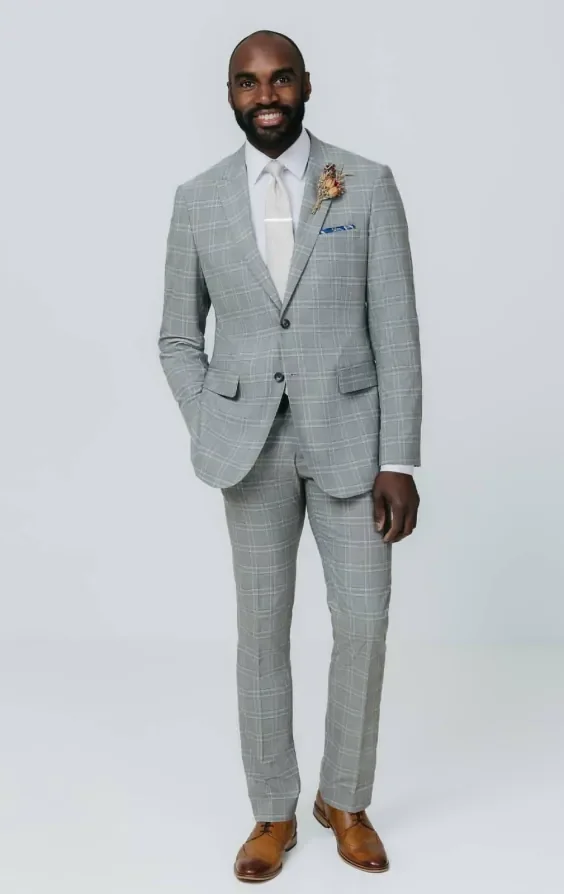 Grey with Tan Check Suit Jacket with Peak Lapel thumbnail 3