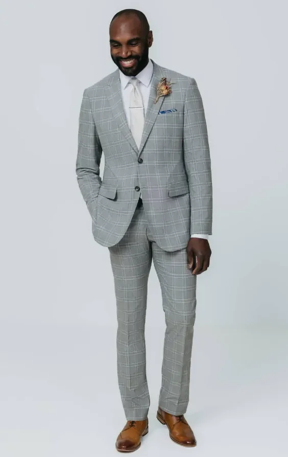 Grey with Tan Check Suit with Peak Lapel thumbnail 3
