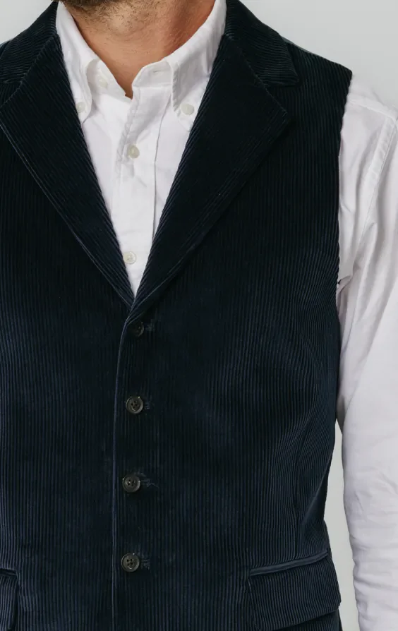 Navy Corduroy Waistcoat with Notch Lapel thumbnail 3