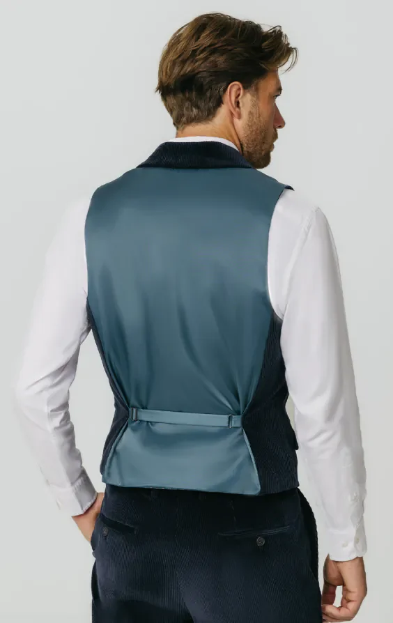 Navy Corduroy Waistcoat with Notch Lapel thumbnail 4