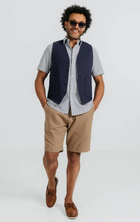Navy Linen Twill Waistcoat thumbnail 3