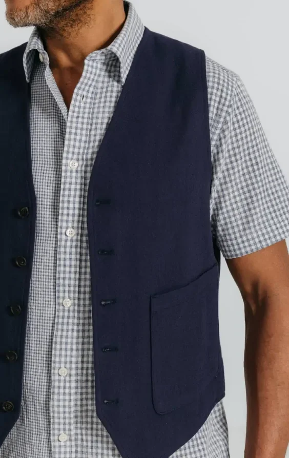 Navy Linen Twill Waistcoat thumbnail 4