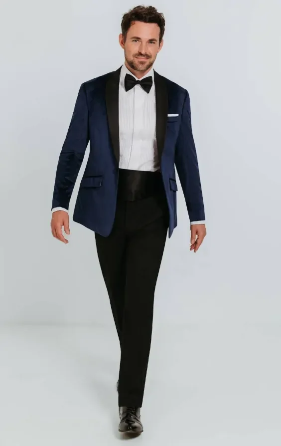 Navy Velvet Slim Fit Tuxedo with Black Trousers thumbnail 3
