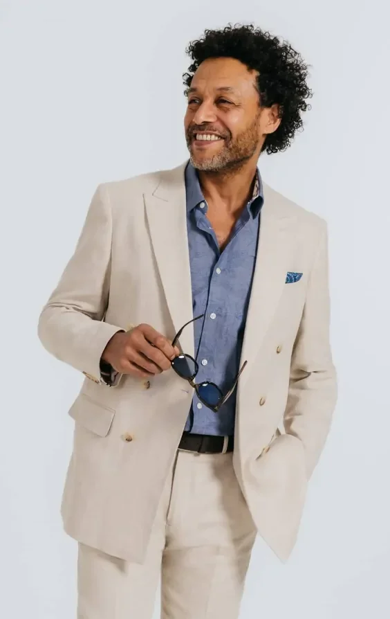 Oatmeal Linen Herringbone Double Breasted Suit Jacket with Peak Lapel thumbnail 2