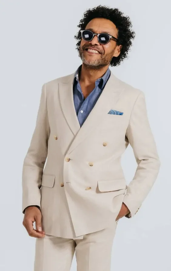 Oatmeal Linen Herringbone Double Breasted Suit with Peak Lapel thumbnail 2
