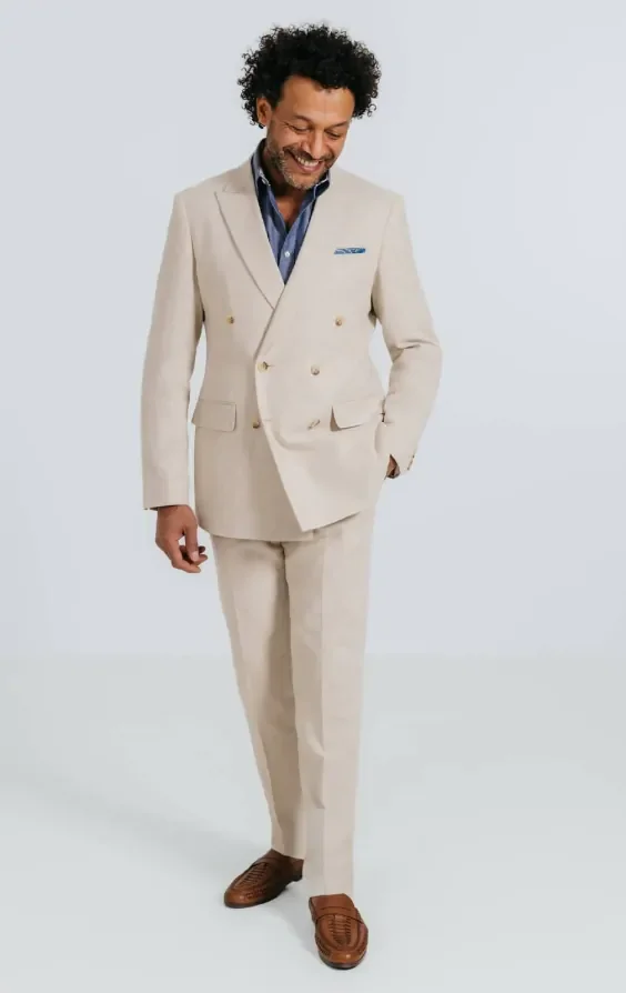 Oatmeal Linen Herringbone Double Breasted Suit with Peak Lapel thumbnail 3