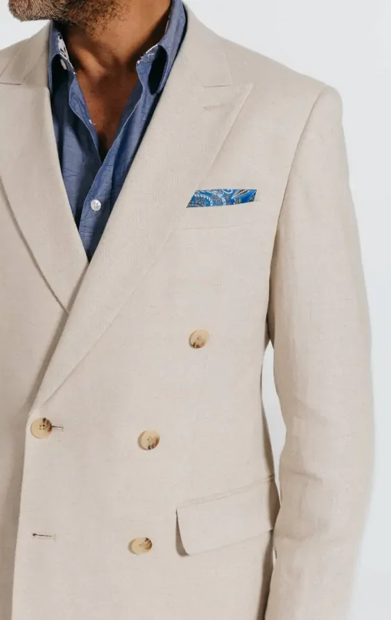 Oatmeal Linen Herringbone Double Breasted Suit with Peak Lapel thumbnail 5