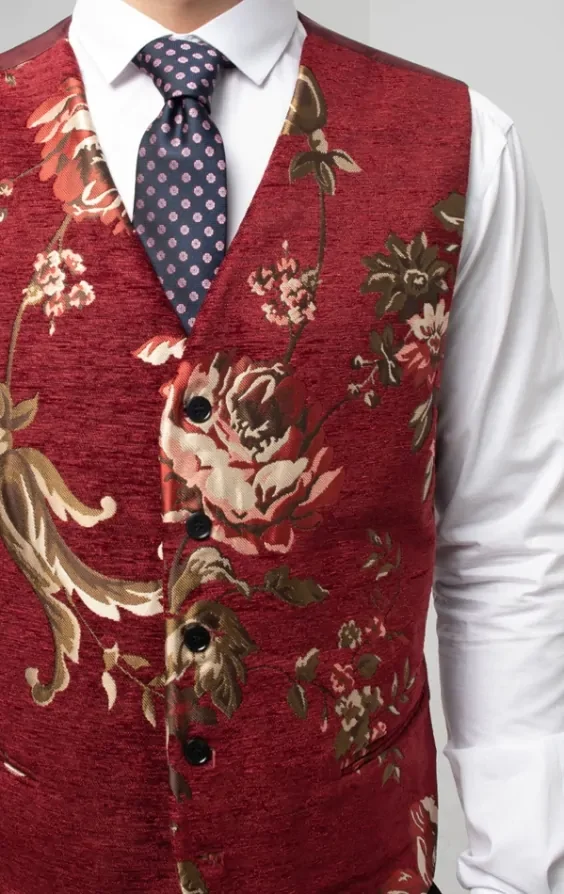 Red Floral Brocade Waistcoat thumbnail 3