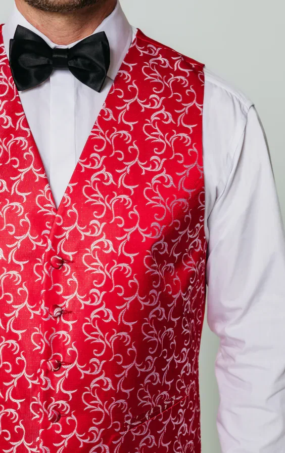 Red/Silver Edwardian Swirl Jacquard Waistcoat thumbnail 3
