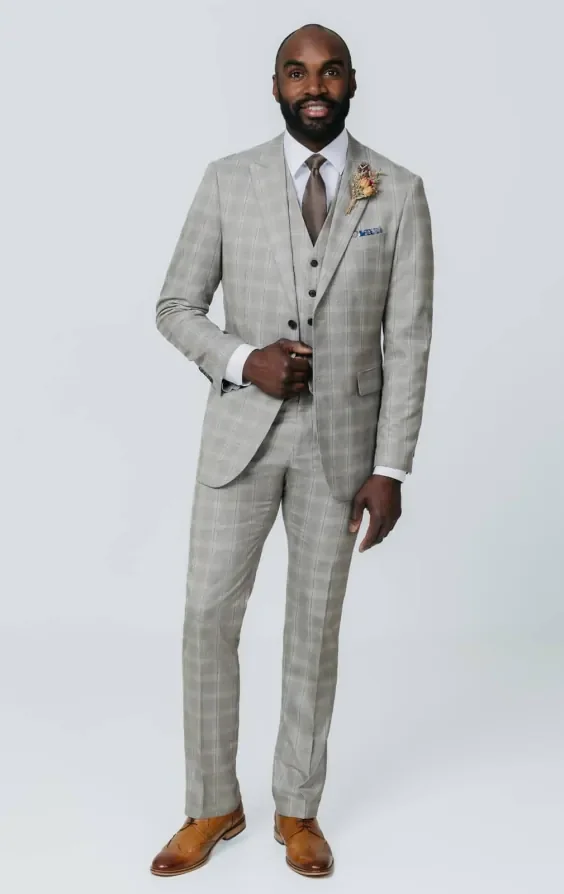 Taupe Check 3 Piece Suit with Peak Lapel thumbnail 3
