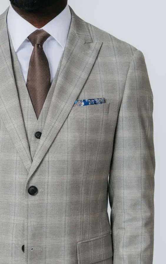Taupe Check 3 Piece Suit with Peak Lapel thumbnail 5