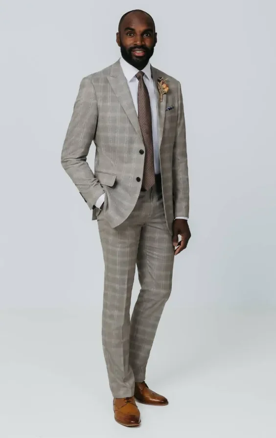 Taupe Check Suit Jacket with Peak Lapel thumbnail 3