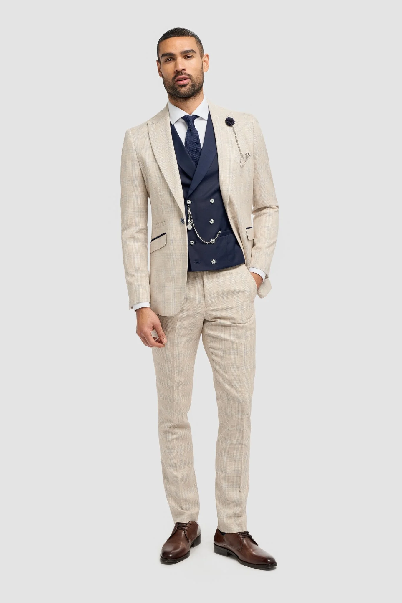 Caridi Beige With Lennox Navy Double Breasted Waistcoat thumbnail 2