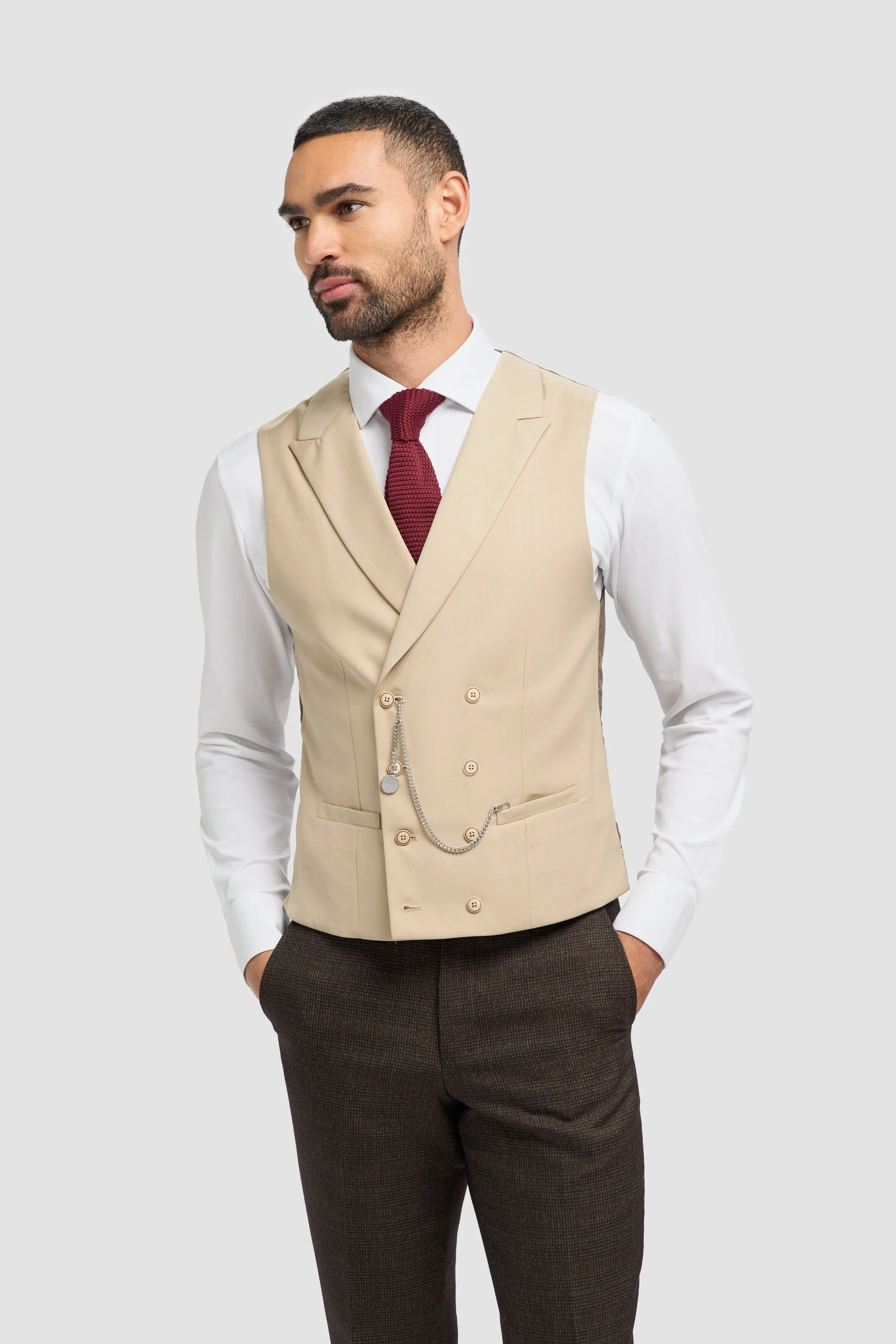 Lennox Beige Double Breasted Waistcoat thumbnail 2
