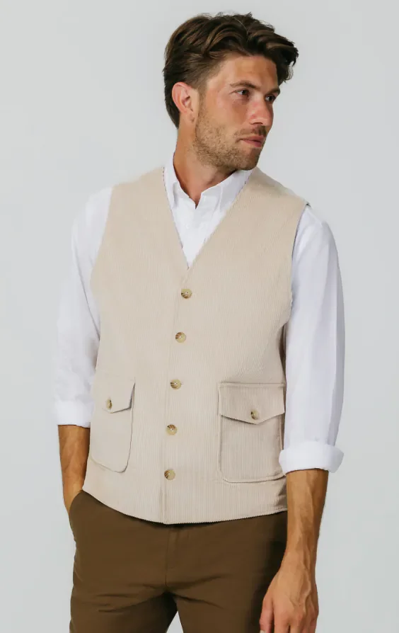 Beige Corduroy Waistcoat with Patch Pockets thumbnail 2