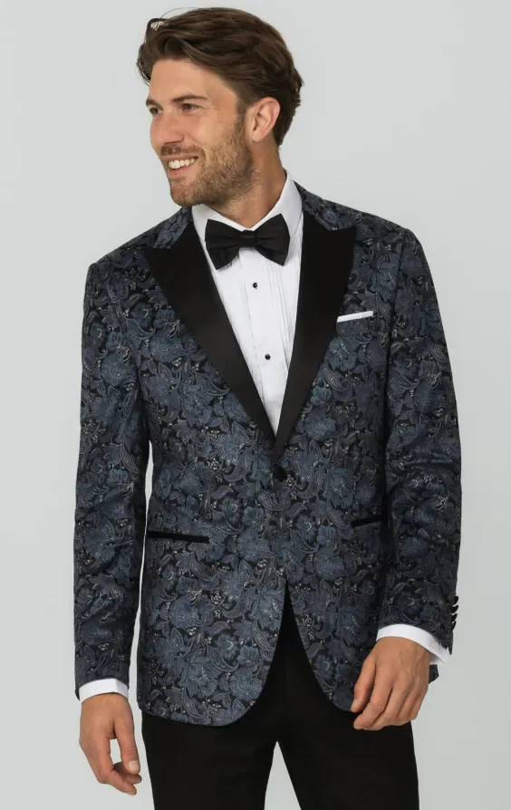 Blue Paisley Velvet Print Dinner Jacket with Peak Lapel thumbnail 2