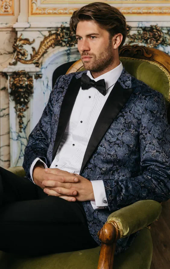 Blue Paisley Velvet Print Dinner Jacket with Peak Lapel thumbnail 3
