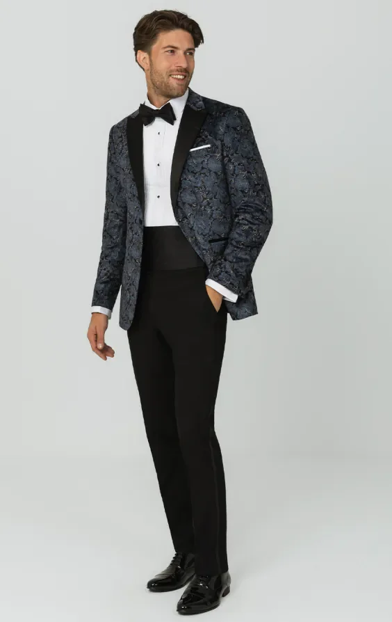 Blue Paisley Velvet Print Dinner Jacket with Peak Lapel thumbnail 4