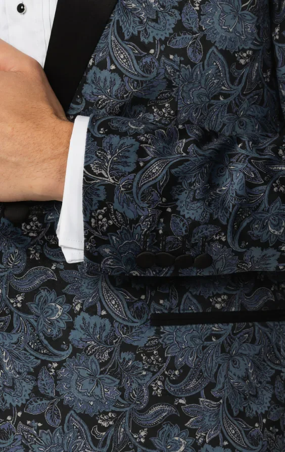 Blue Paisley Velvet Print Dinner Jacket with Peak Lapel thumbnail 5
